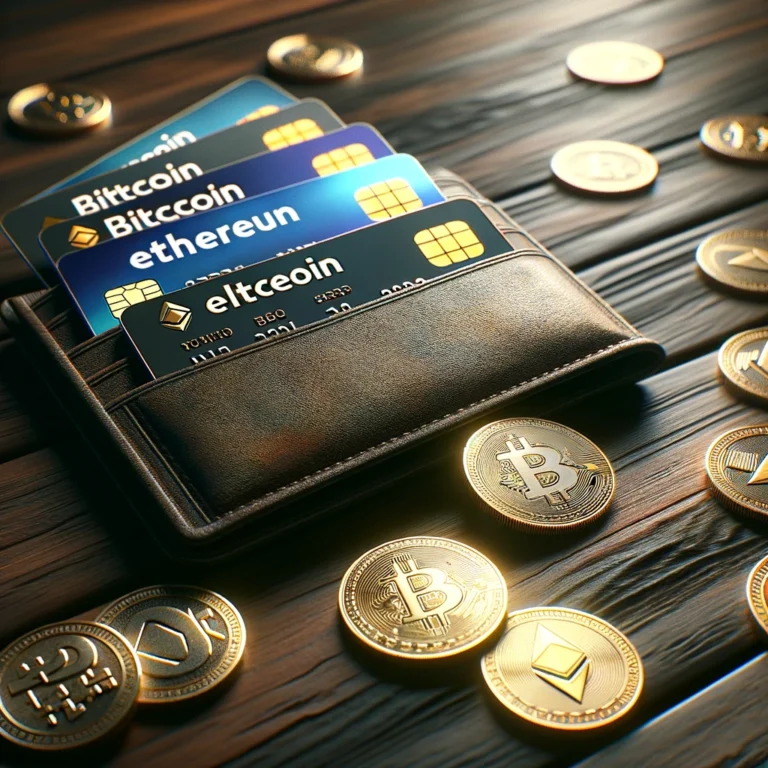 Realistyczne zdjęcie portfela z kryptowalutami na drewnianym biurku