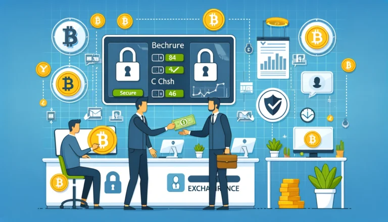 Professional cryptocurrency exchange office showcasing secure transactions, updated exchange rates, and satisfied customers confirming transactions.