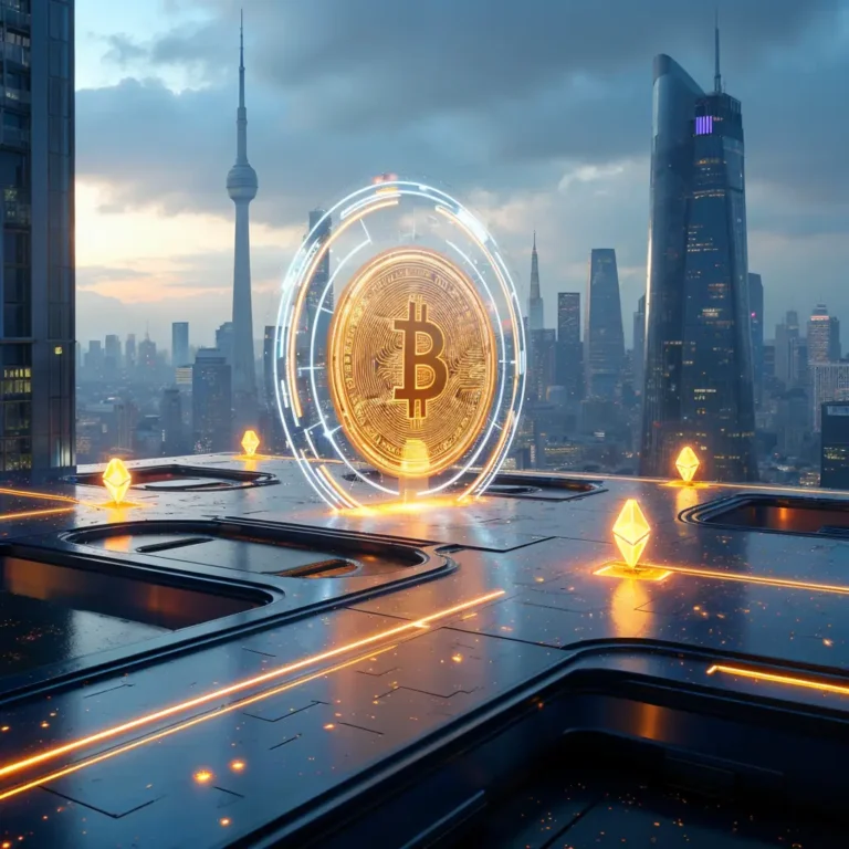 Futurystyczne targowisko finansowe z holograficznymi interfejsami i symbolami kryptowalut, takimi jak Bitcoin i Ethereum, na tle nowoczesnego miasta.