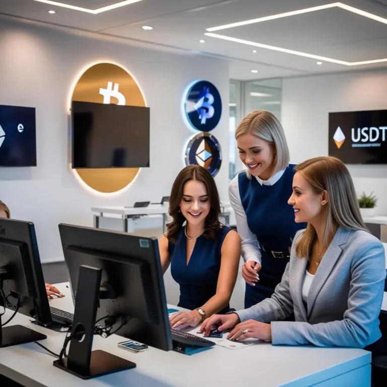 Ilustracja przedstawiająca Kantor Kryptowalutowy w Polsce z klientami, symbolem Bitcoin, Ethereum, USDT oraz logo PanBitcoin, podkreślająca bezpieczeństwo i wygodę.