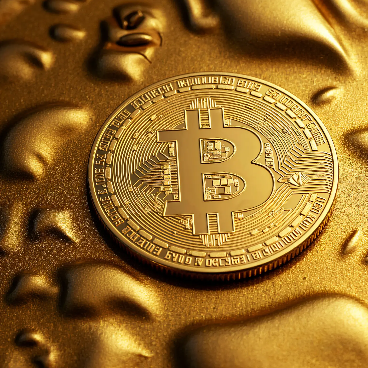 Złoty Bitcoin na tle refleksyjnej złotej powierzchni, symbolizujący jego wartość jako cyfrowego aktywa.