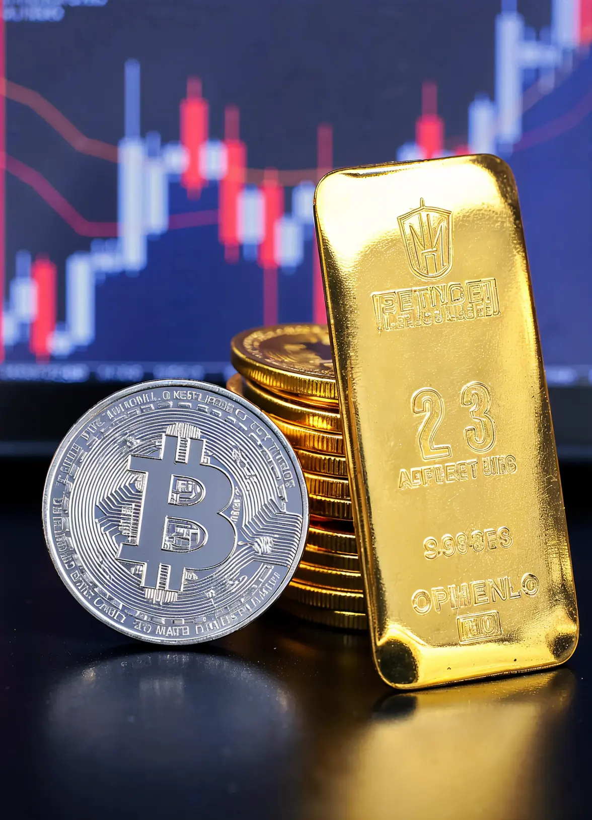 Złoto czy Bitcoin – złoty sztabka i moneta BTC na tle wykresu