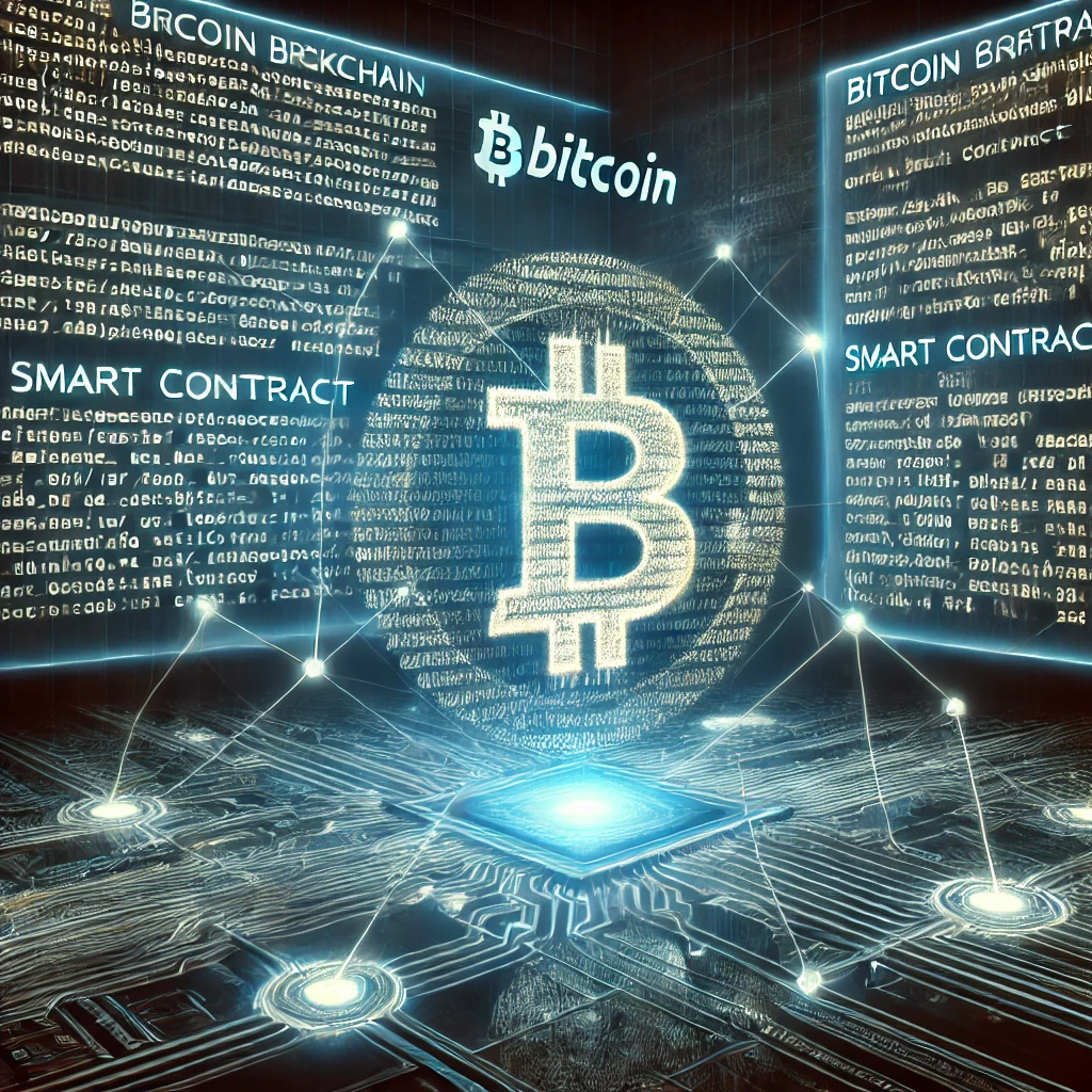 Schemat Bitcoin Script i inteligentnych kontraktów na BTC, ilustrujący działanie Smart Contracts w sieci Bitcoin.