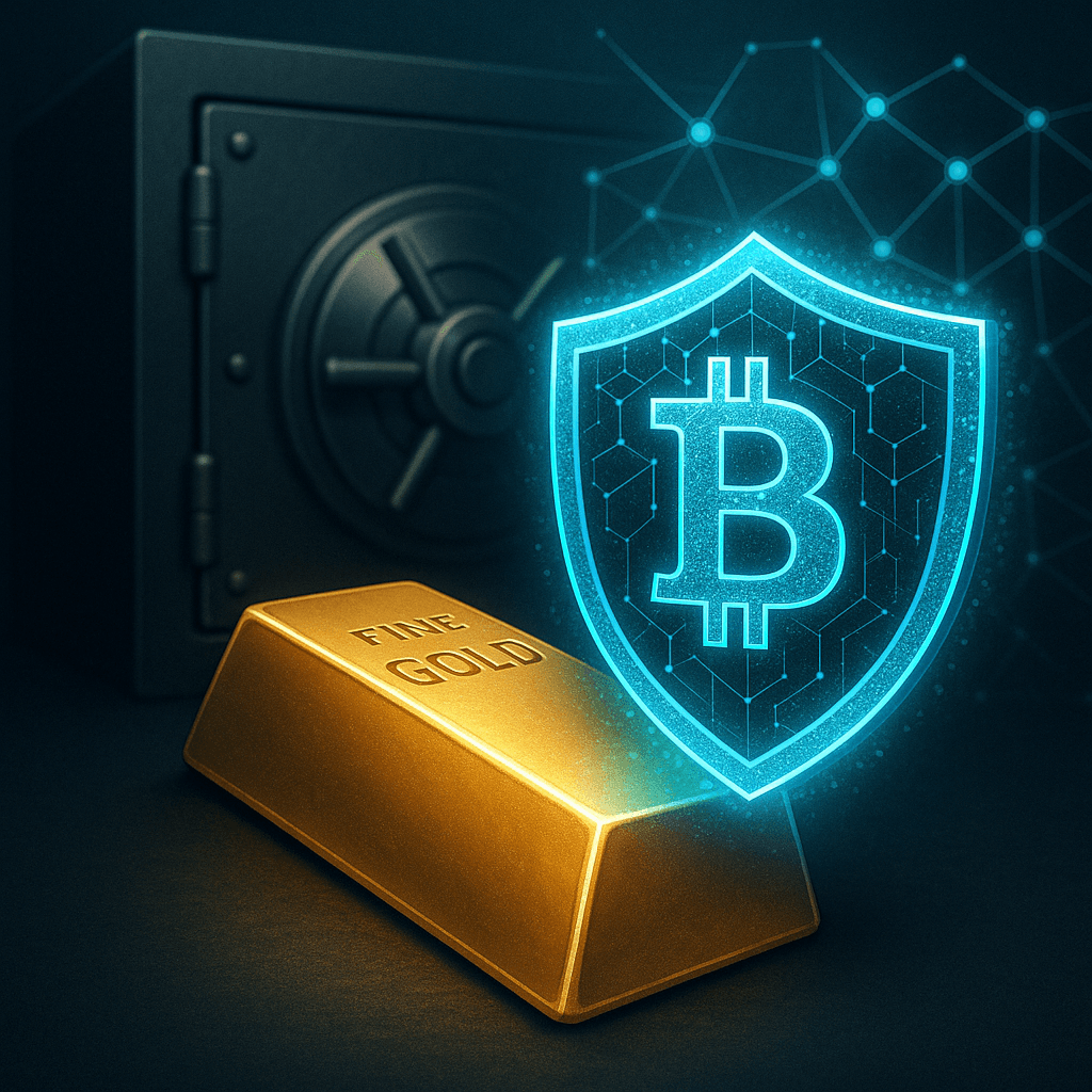 Ochrona majątku – złoto i Bitcoin zabezpieczone cyfrową tarczą na tle sejfu i blockchain