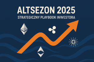 Okładka „Altsezon 2025 – Strategiczny Playbook Inwestora” z pomarańczową strzałką na fali, symbolami Ethereum, Ripple i Cardano – Kraków Starowiślna KupSZTABKI