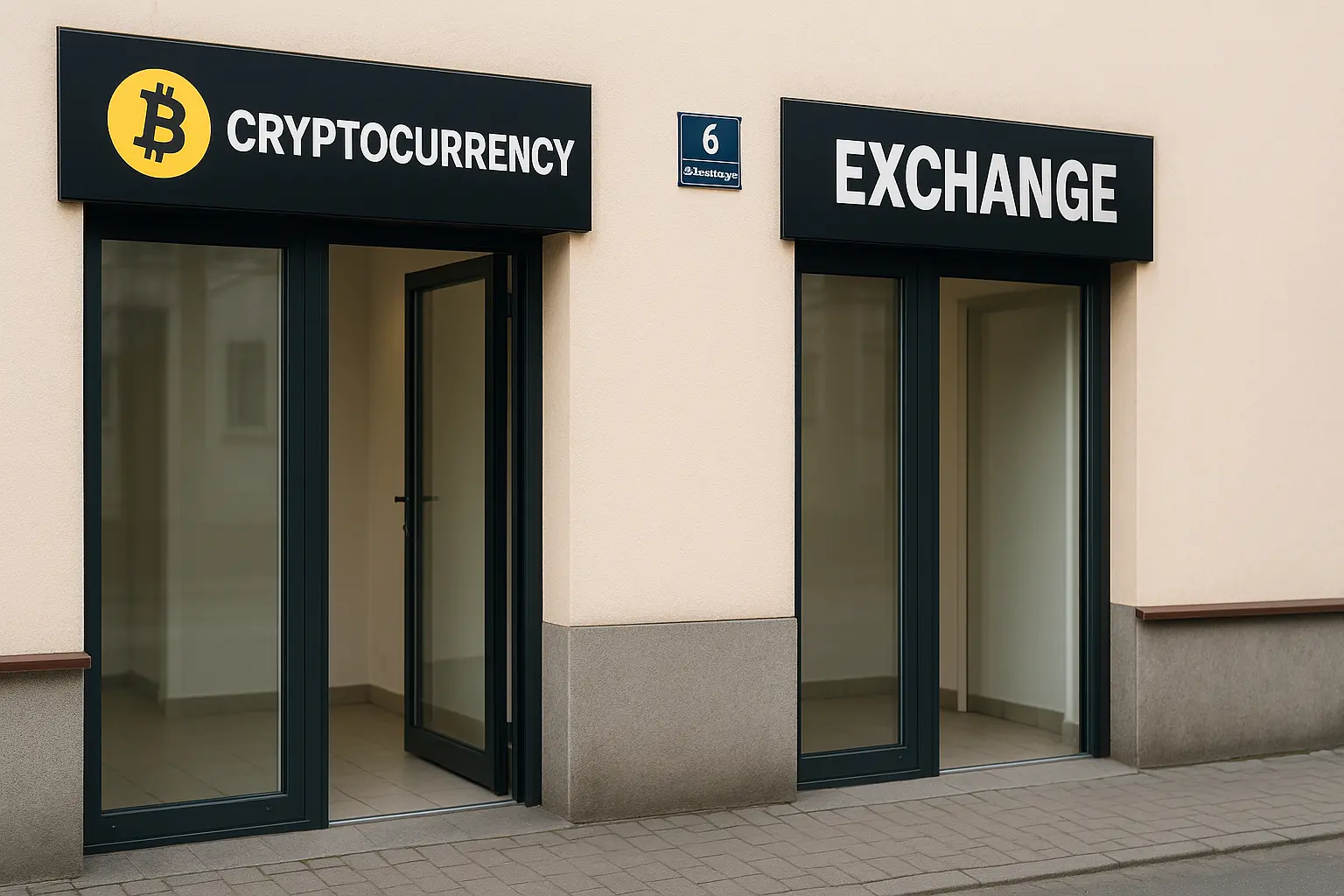 Kantor Czechowice-Dziedzice – okładka Wejście do kantorów przy ul. Słowackiego 6 w Czechowicach-Dziedzicach – kantor kryptowalutowy i tradycyjny obok siebie.