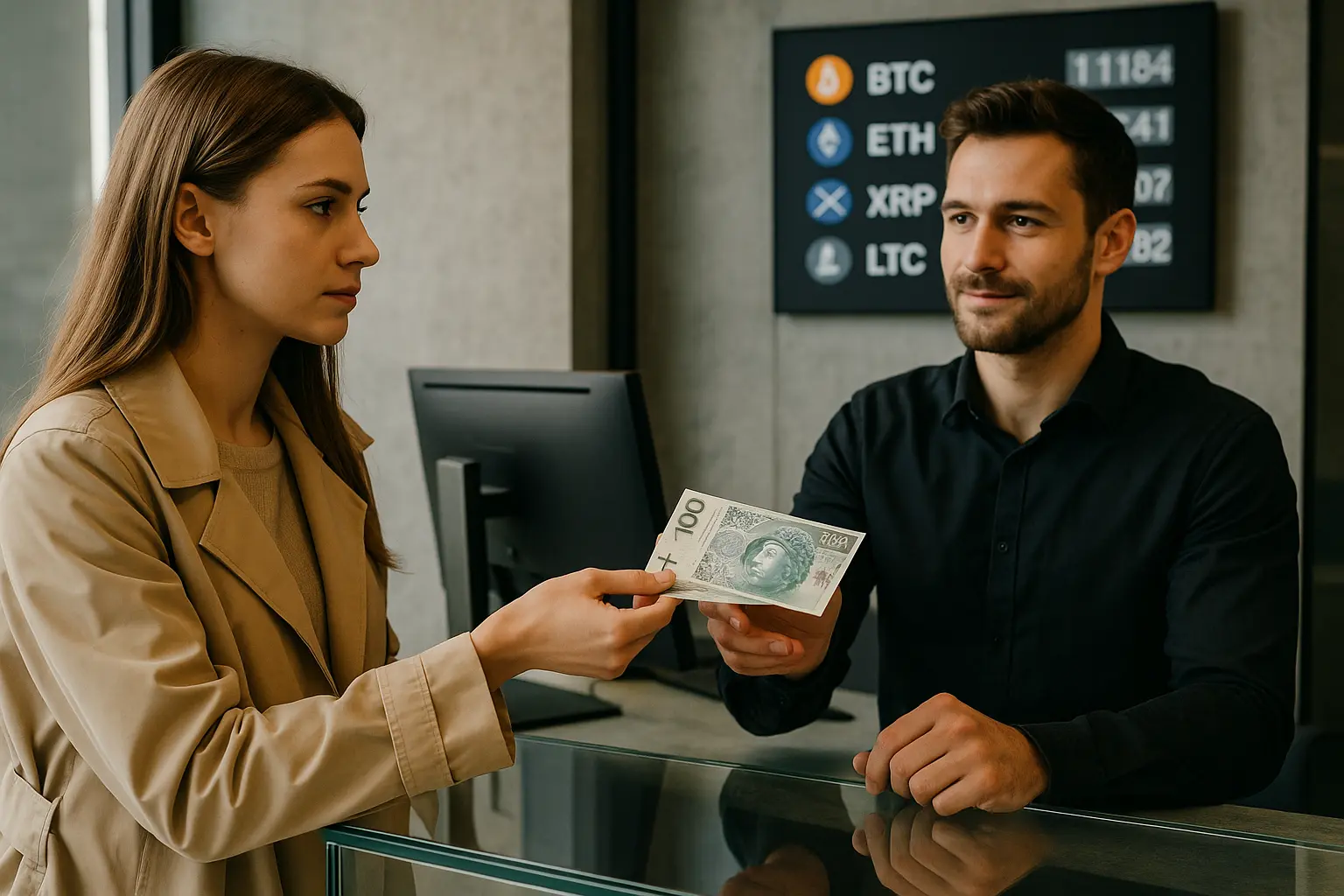 Wnętrze PanBitcoin Wnętrze kantoru kryptowalutowego w Czechowicach-Dziedzicach – obsługa klienta przy ladzie.