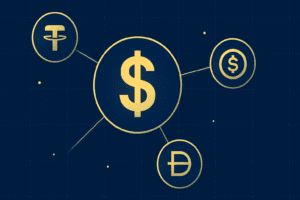 Okładka: stablecoiny USDT, USDC i DAI połączone z cyfrowym dolarem