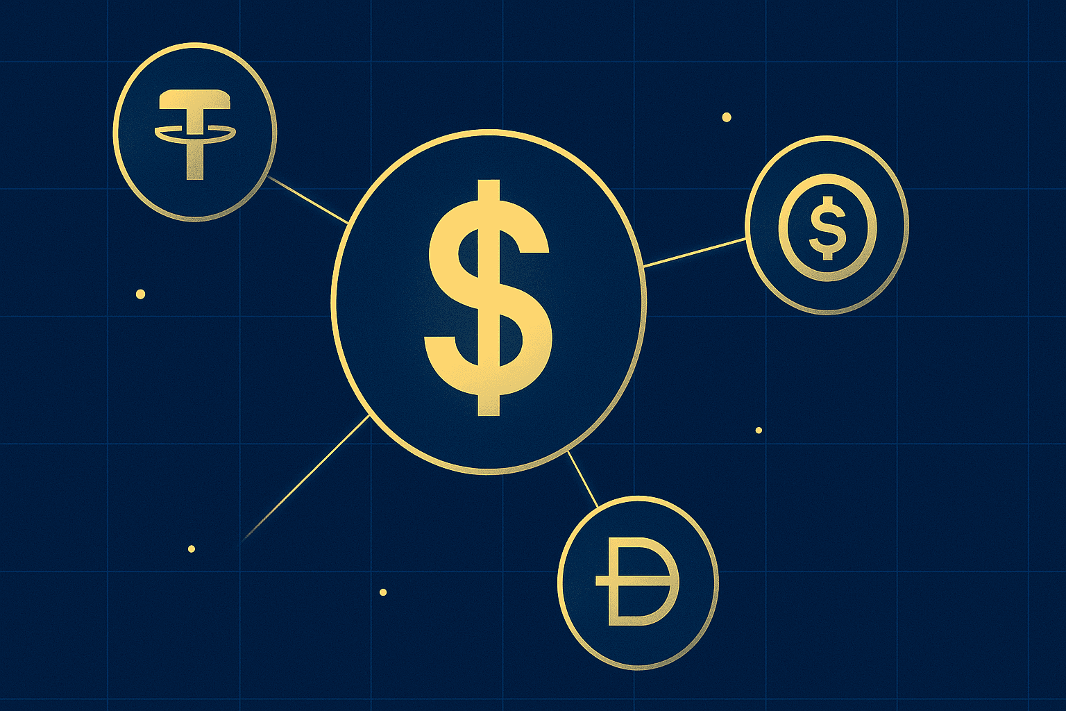 Stablecoiny: USDT, USDC, DAI — cyfrowy dolar 1:1 (okładka) Okładka: stablecoiny USDT, USDC i DAI połączone z cyfrowym dolarem
