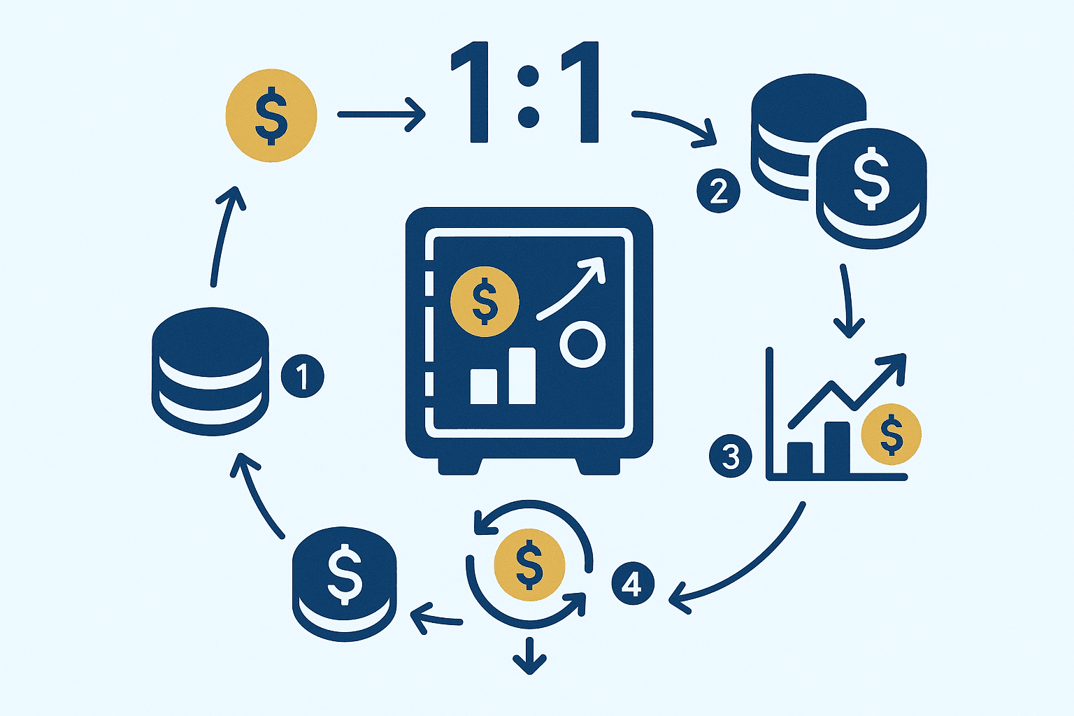Jak stablecoin utrzymuje parytet 1:1 — schemat mint/redeem/arbitraż Diagram parytetu stablecoina 1:1: rezerwy, mint/redeem i arbitraż