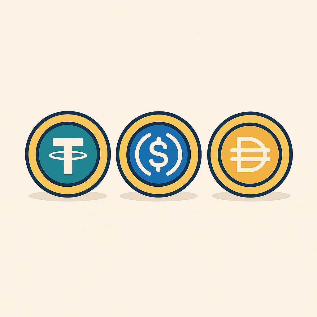 USDT vs USDC vs DAI — wizualne porównanie stablecoinów USDT, USDC i DAI — trzy monety stablecoin w minimalistycznej infografice